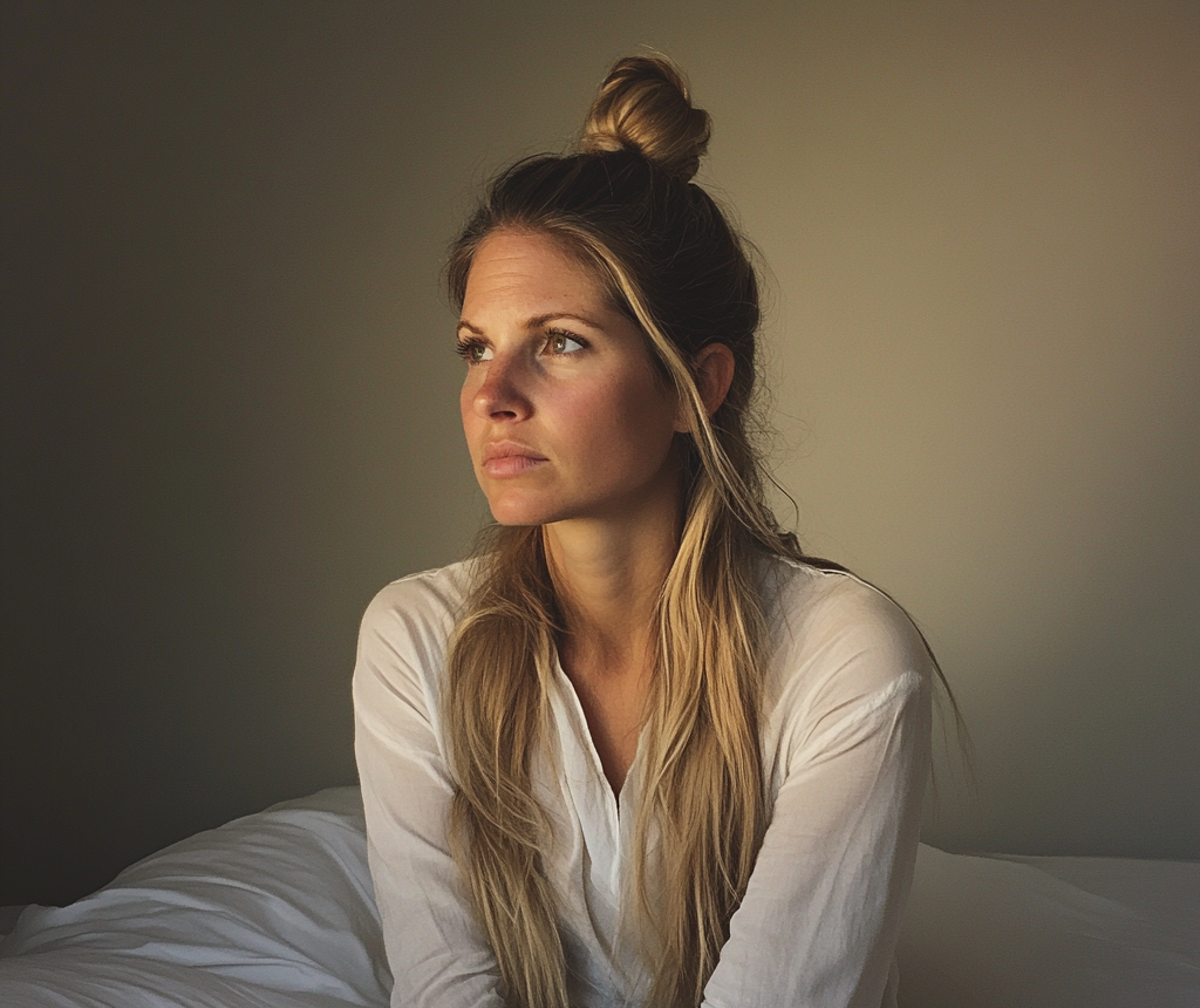 Eine Frau, die auf ihrem Bett sitzt | Quelle: Midjourney