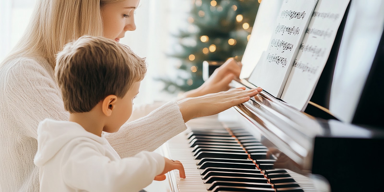 Lehrerin, die einen Jungen am Klavier anleitet | Quelle: Midjourney