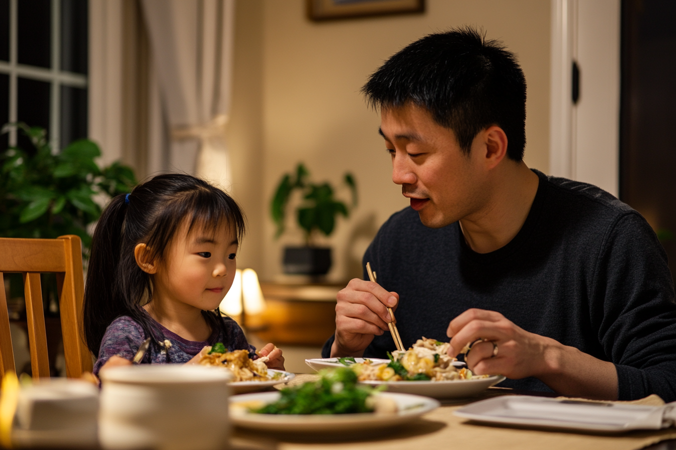 Ein Mann und seine Tochter beim Abendessen | Quelle: Midjourney