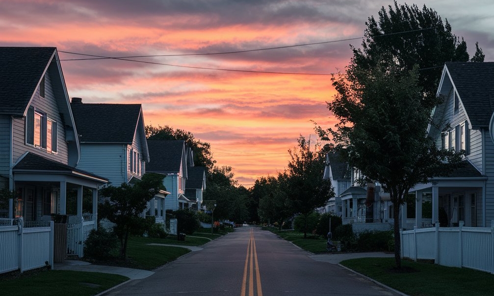 Eine ruhige Vorstadtstraße bei Sonnenuntergang | Quelle: Midjourney