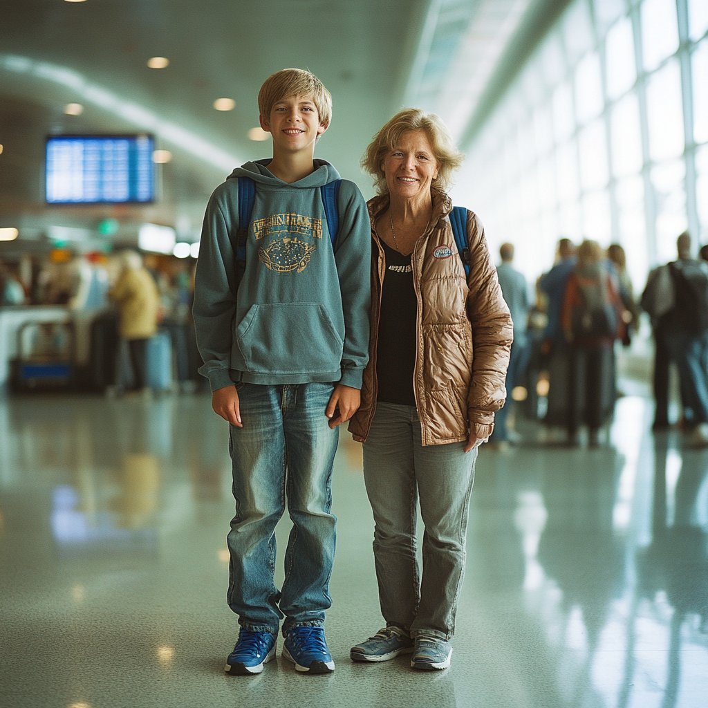 Ein glücklicher Teenager mit seiner Mutter am Flughafen | Quelle: Midjourney