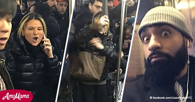 Eine zornige rassistische Frau überfällt eine asiatisch aussehende Frau in der U-Bahn mit ihrem Regenschirm