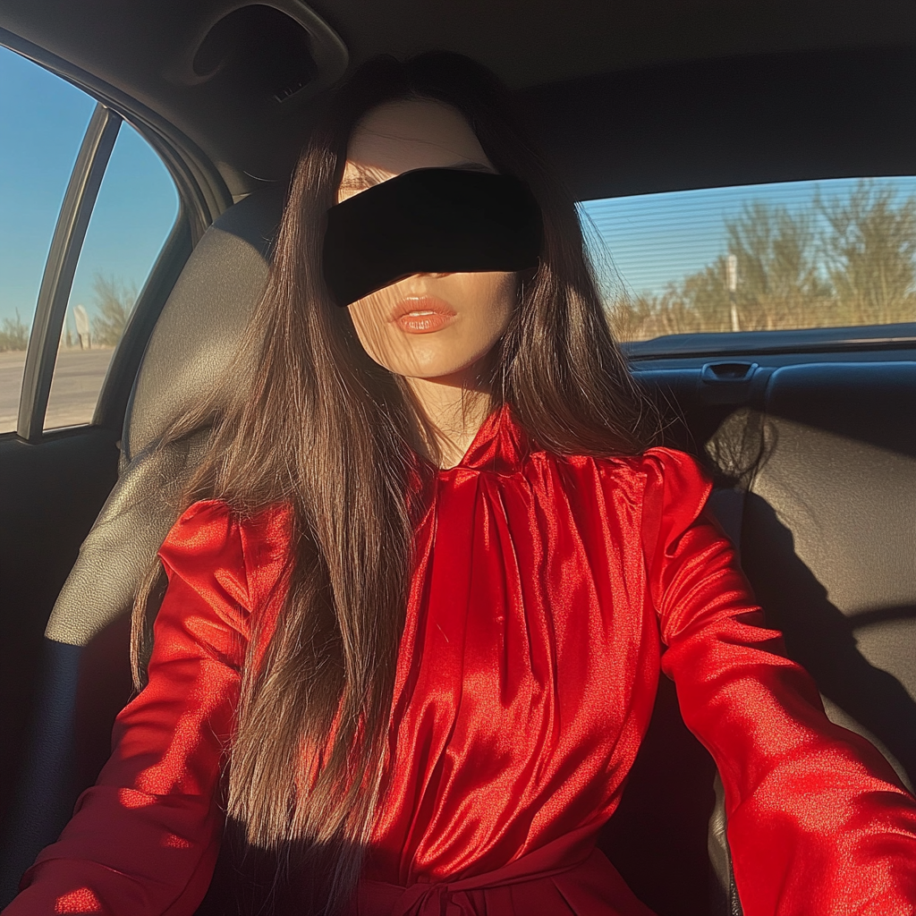 Eine Frau, die mit einer schwarzen Augenbinde in einem Auto sitzt | Quelle: Midjourney
