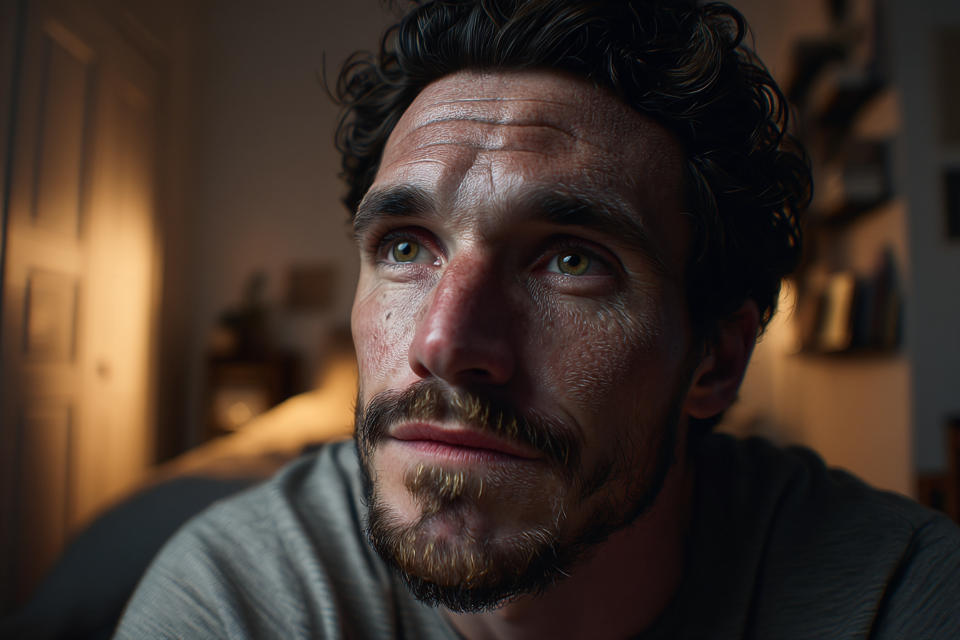 Ein Mann sitzt in seinem Schlafzimmer | Quelle: Midjourney