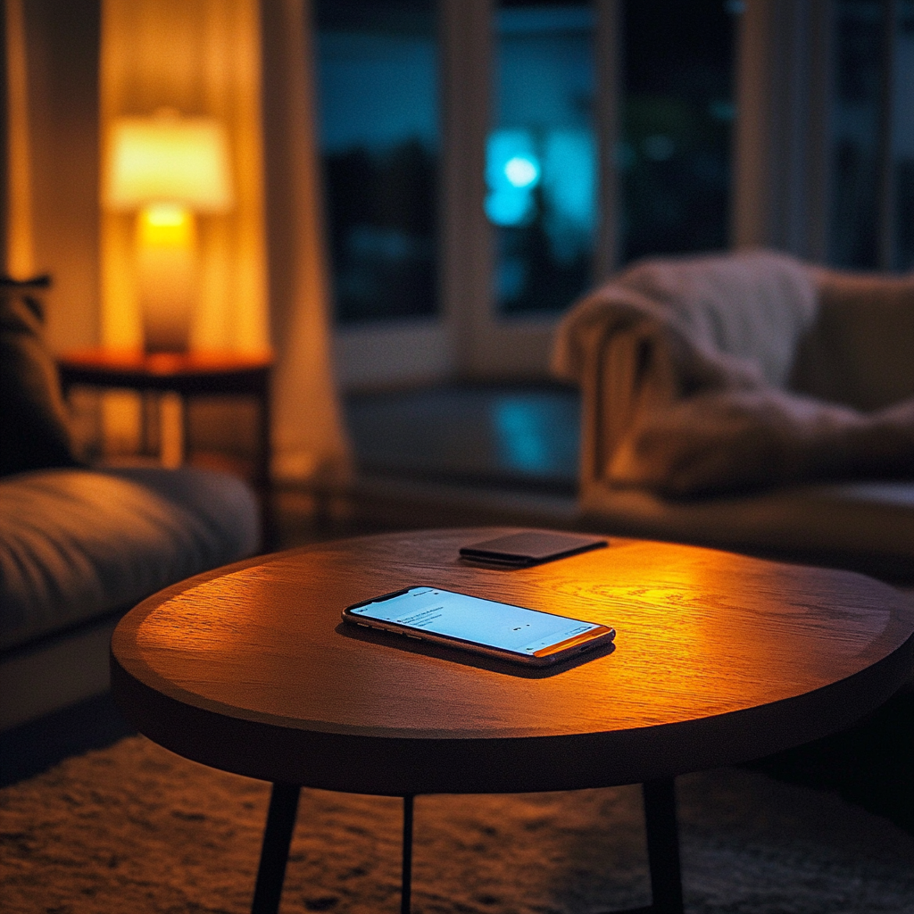 Ein Mobiltelefon auf einem Couchtisch | Quelle: Midjourney