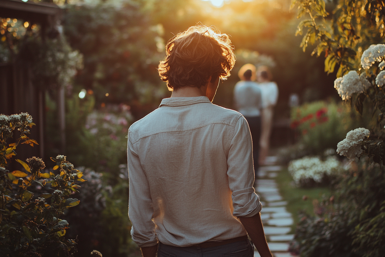 Mann geht in einem Garten spazieren | Quelle: Midjourney