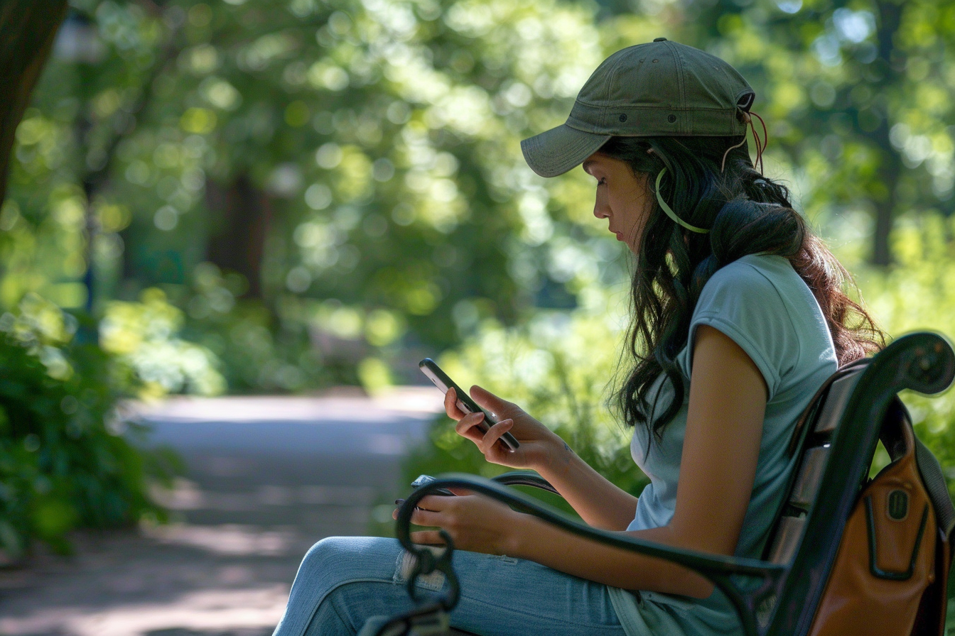 Eine Frau benutzt ihr Telefon in einem Park | Quelle: Midjourney