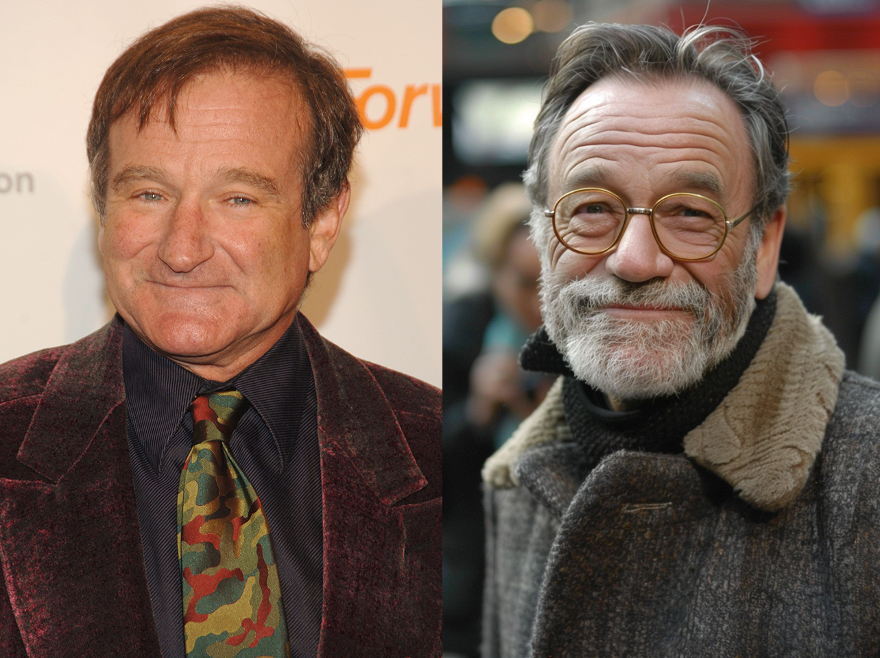 Robin Williams während der Christopher Reeve Foundation's "A Magical Evening" im Jahr 2005 | AI-Bild von Robin Williams im Alter | Quelle: Getty Images | Midjourney