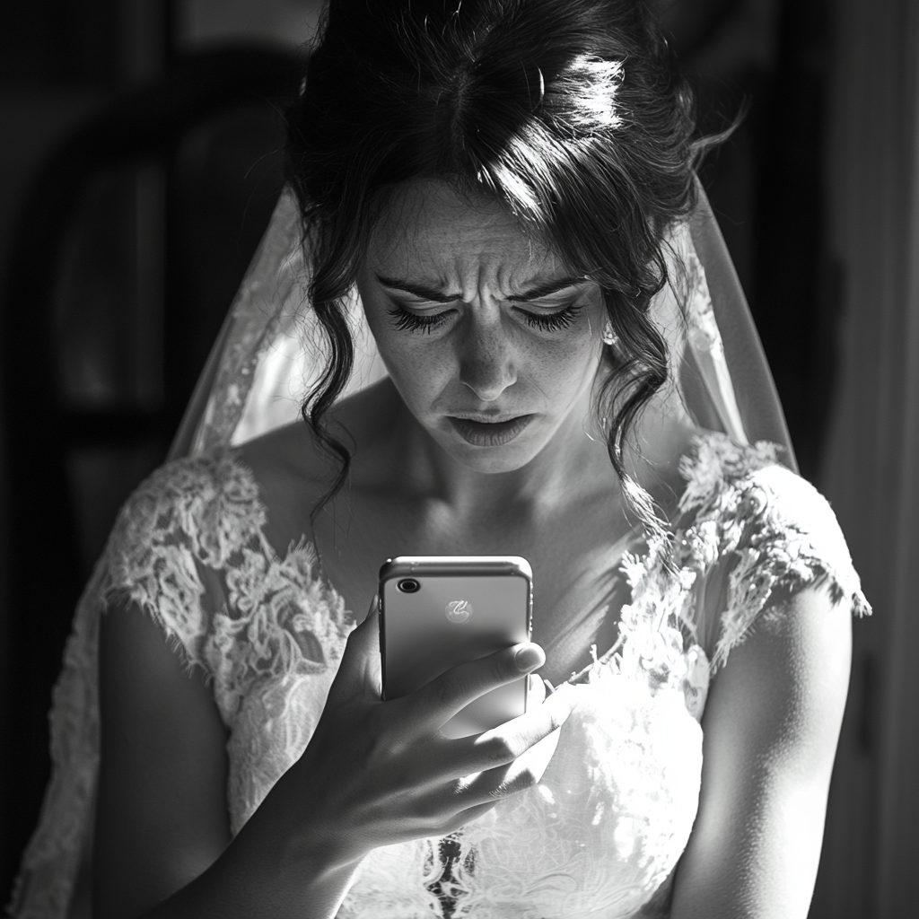 Eine Braut, die auf ihr Telefon starrt | Quelle: Midjourney