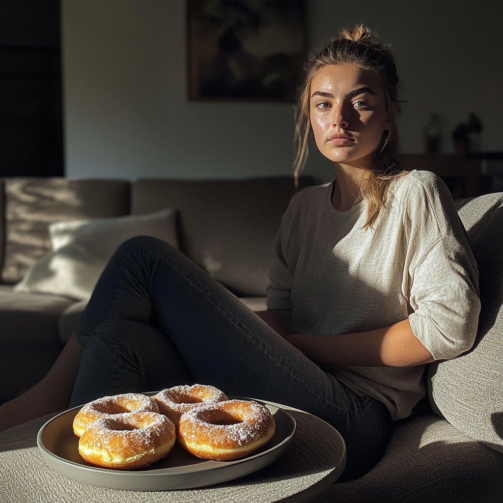 Eine Frau sitzt in ihrem Wohnzimmer | Quelle: Midjourney