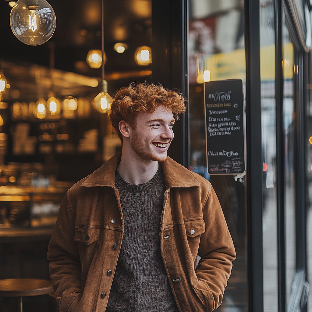 Ein glücklicher rothaariger Mann, der in ein Café geht | Quelle: Midjourney