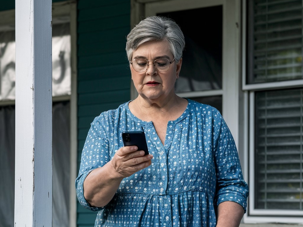 Eine Frau steht auf einer Veranda und schaut auf ein Handy in ihrer Hand | Quelle: Midjourney