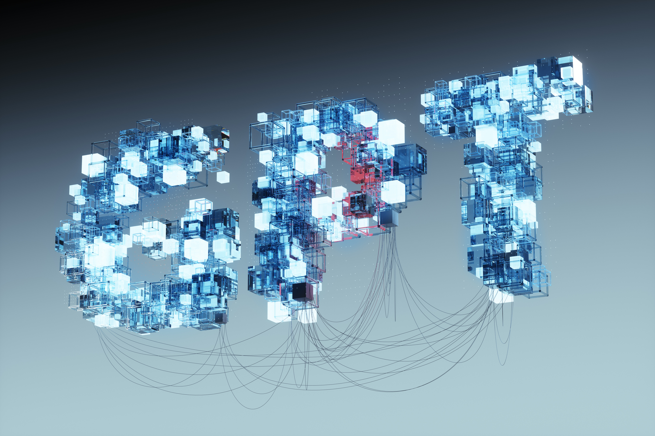 Digital erzeugtes Bild einer KI-Welt aus transparenten und leuchtenden Würfeln vor grauem Hintergrund, das intelligente Technologie, Blockchain und künstliche Intelligenz visualisiert. | Quelle: Getty Images