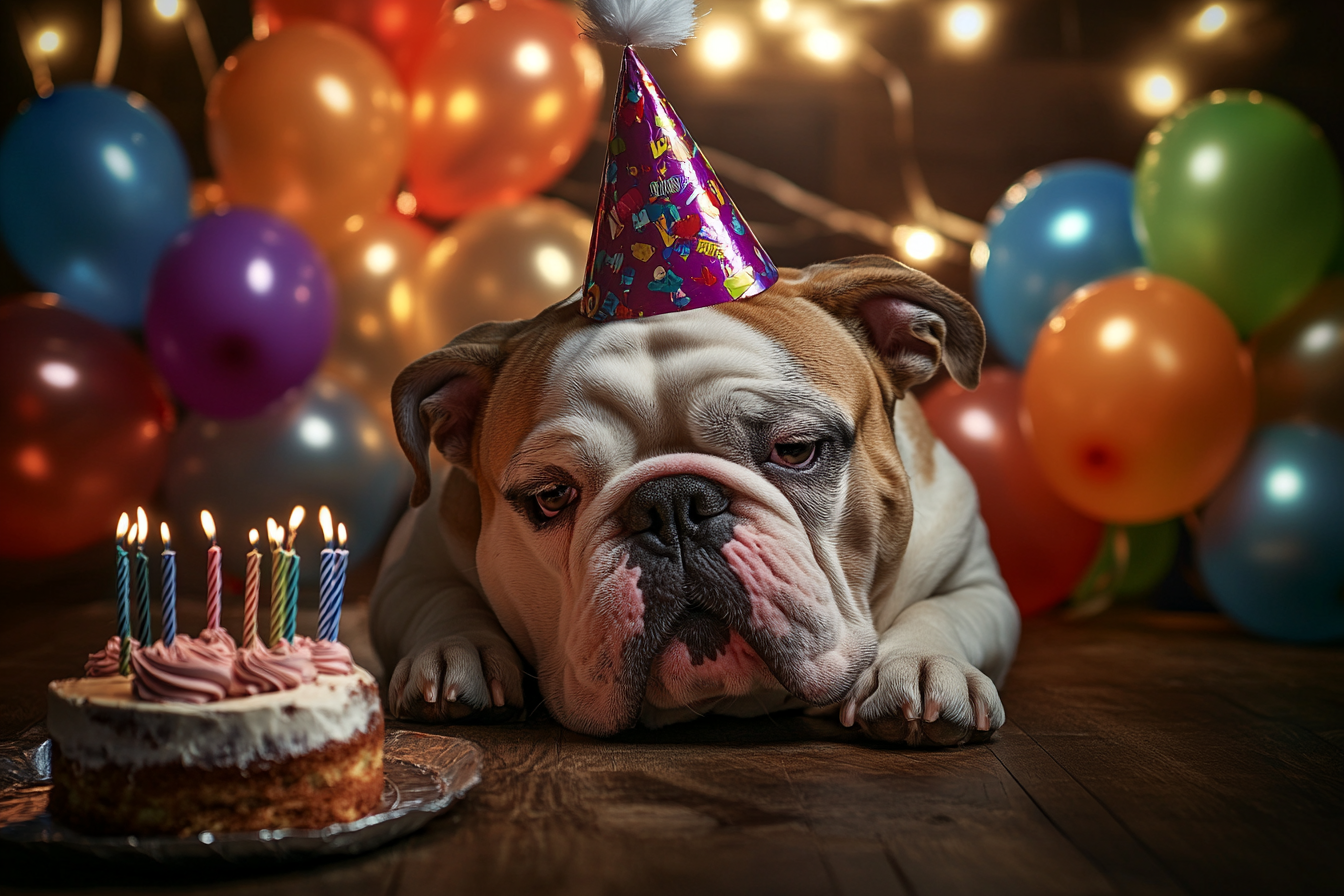 Eine Bulldogge mit einem Partyhut, die neben einer Geburtstagstorte liegt | Quelle: Midjourney