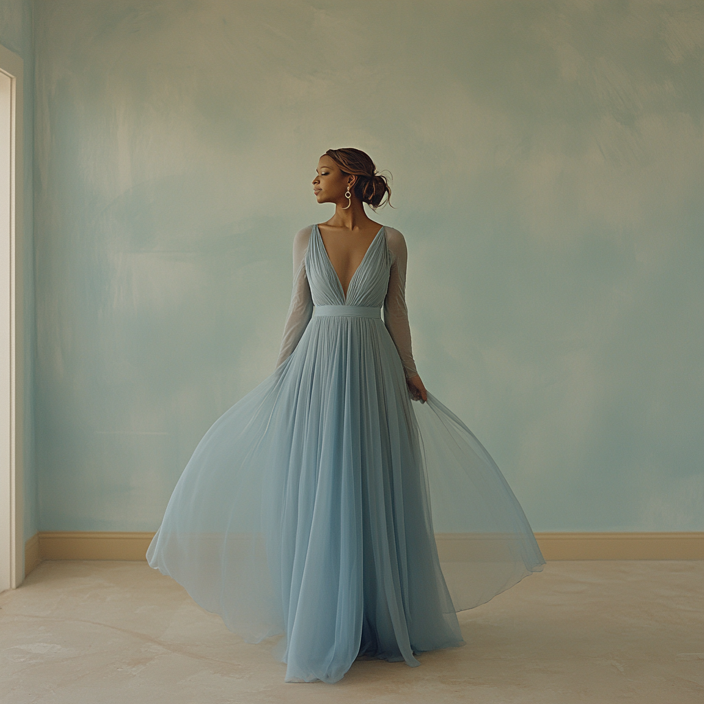 Eine glückliche Frau in einem blauen Kleid | Quelle: Midjourney