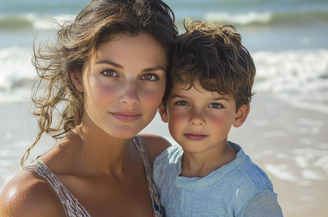 Eine Frau hält einen Jungen am Strand | Quelle: Midjourney