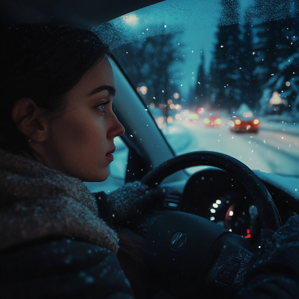 Eine ernsthafte Frau am Steuer eines Autos | Quelle: Midjourney