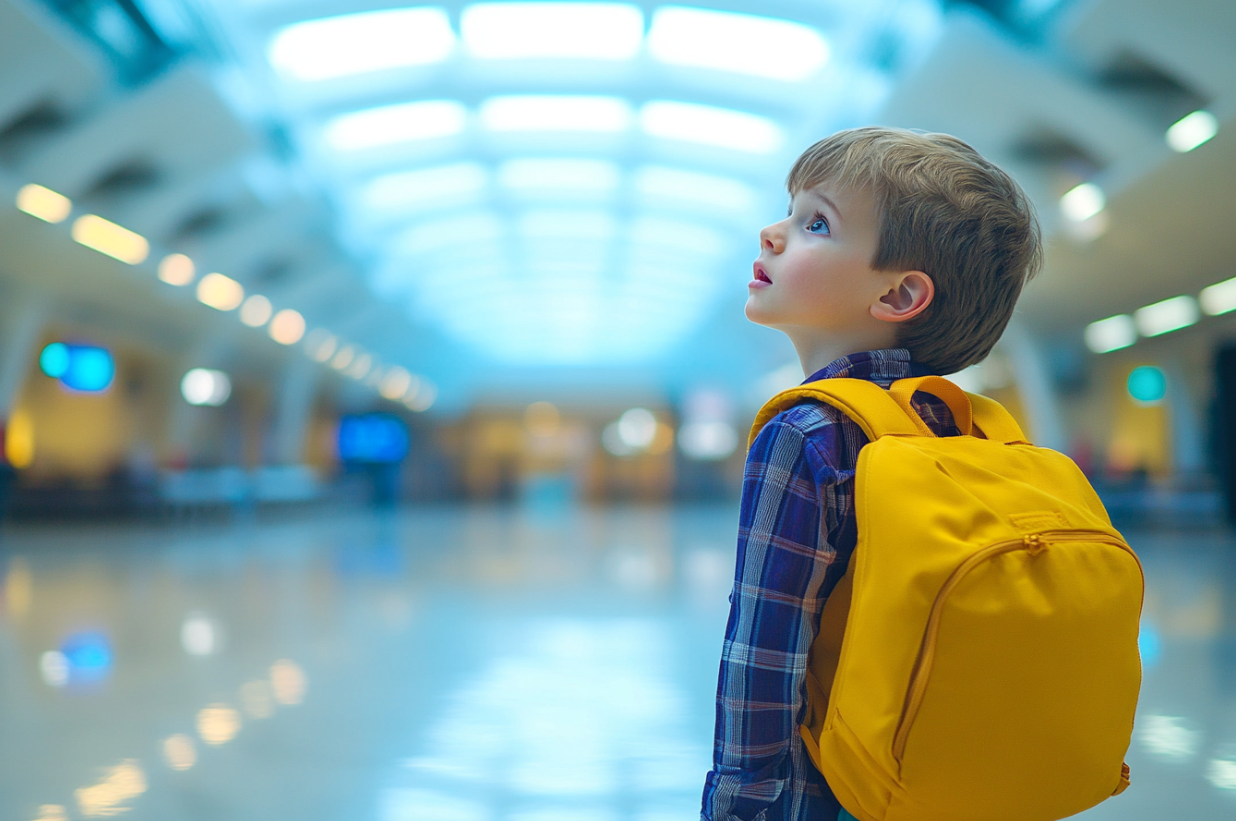 Ein trauriger Junge in einem Flughafen | Quelle: Midjourney