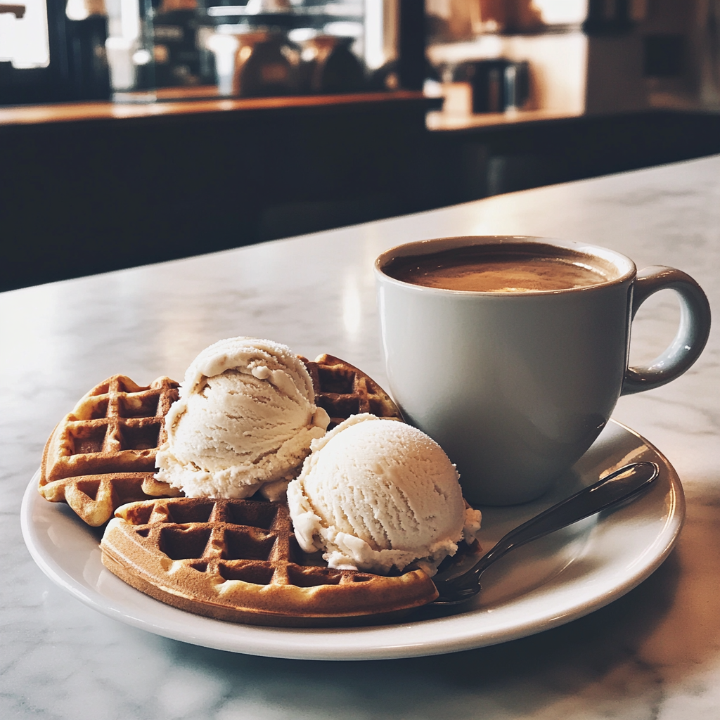 Waffeln und Eiscreme in einem Café | Quelle: Midjourney