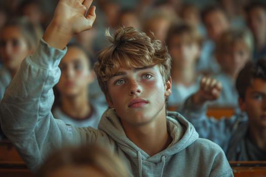 Ein Junge hebt seine Hand in der Klasse | Quelle: Midjourney