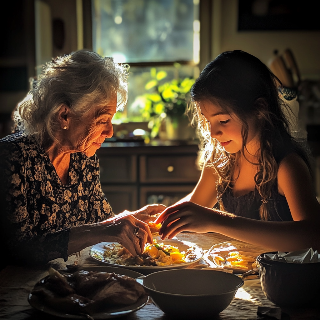 Ältere Frau beim Abendessen mit ihrem Enkelkind | Quelle: Midjourney