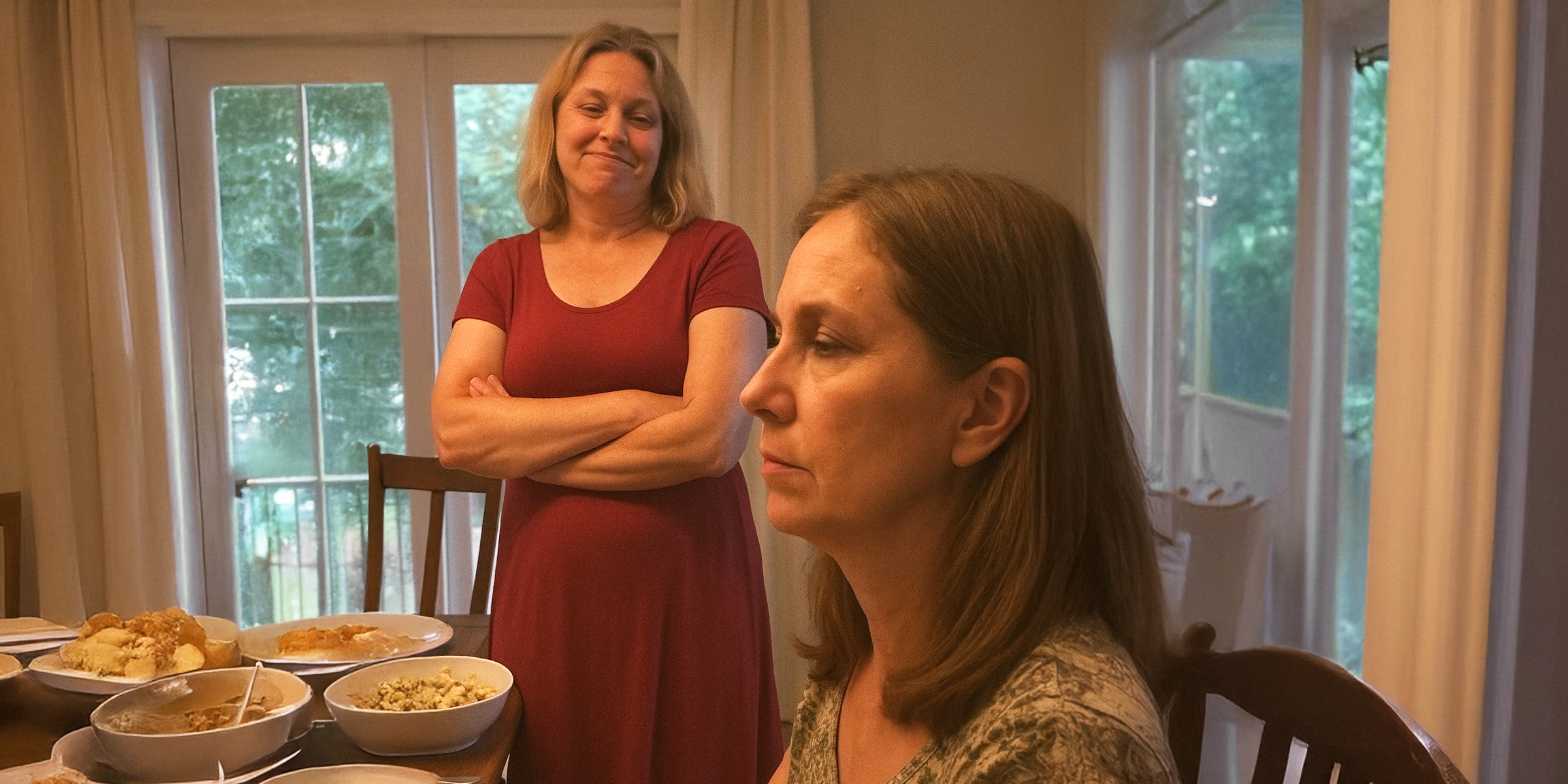 Die Spannung am Esstisch steigt, während eine Frau süffisant zuschaut und eine andere schweigend dasitzt | Quelle: The Celebritist