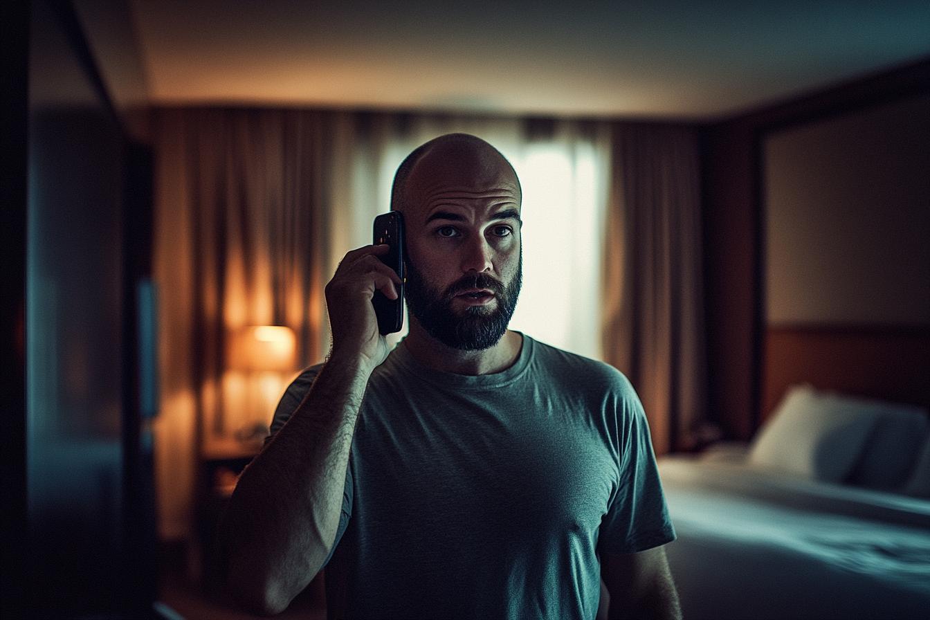 Ein Mann am Telefon in einem Hotelzimmer | Quelle: Midjourney