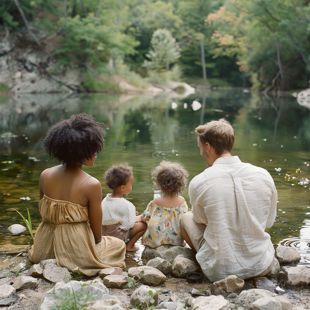 Eine glückliche Familie, die an einem See sitzt | Quelle: Midjourney