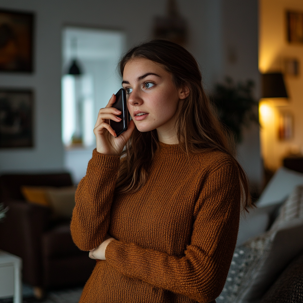 Eine ernste Frau, die mit ihrem Telefon spricht | Quelle: Midjourney