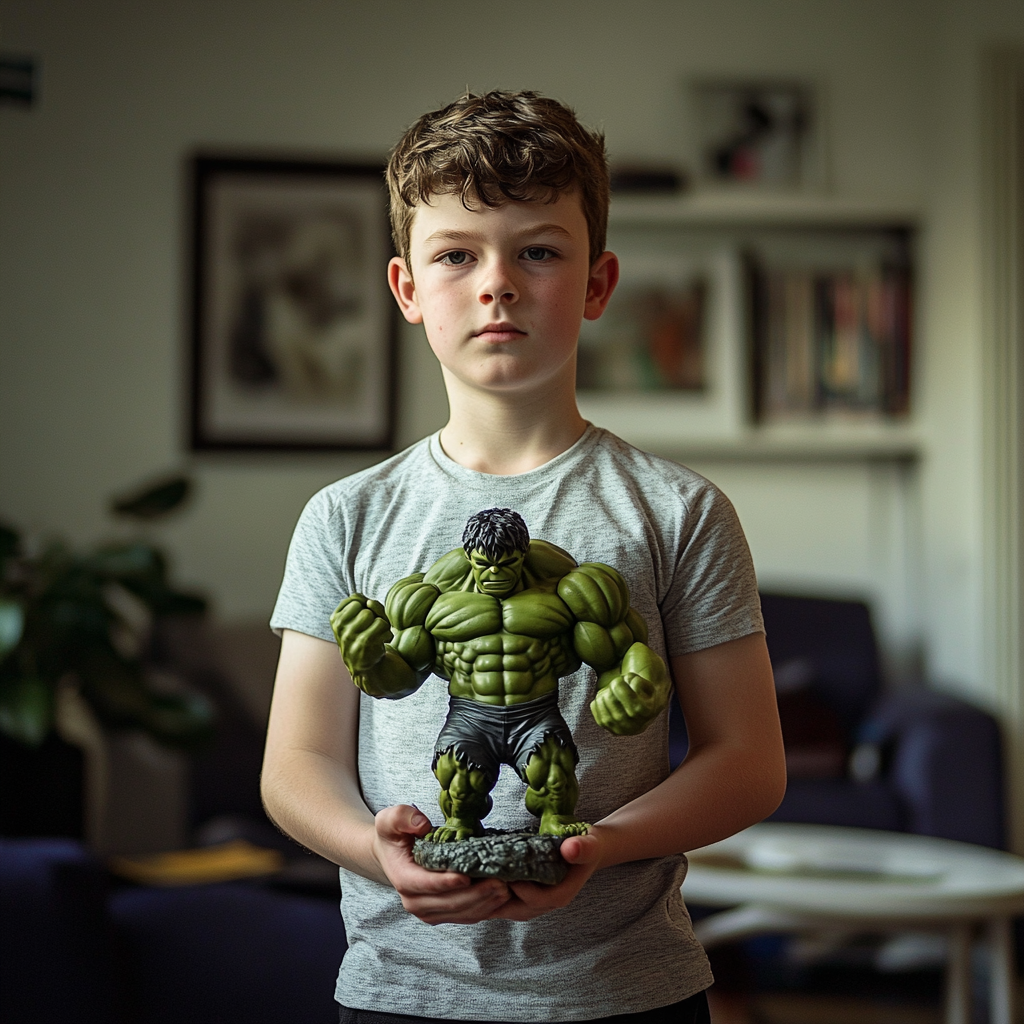 Ein Junge hält eine Hulk-Figur | Quelle: Midjourney