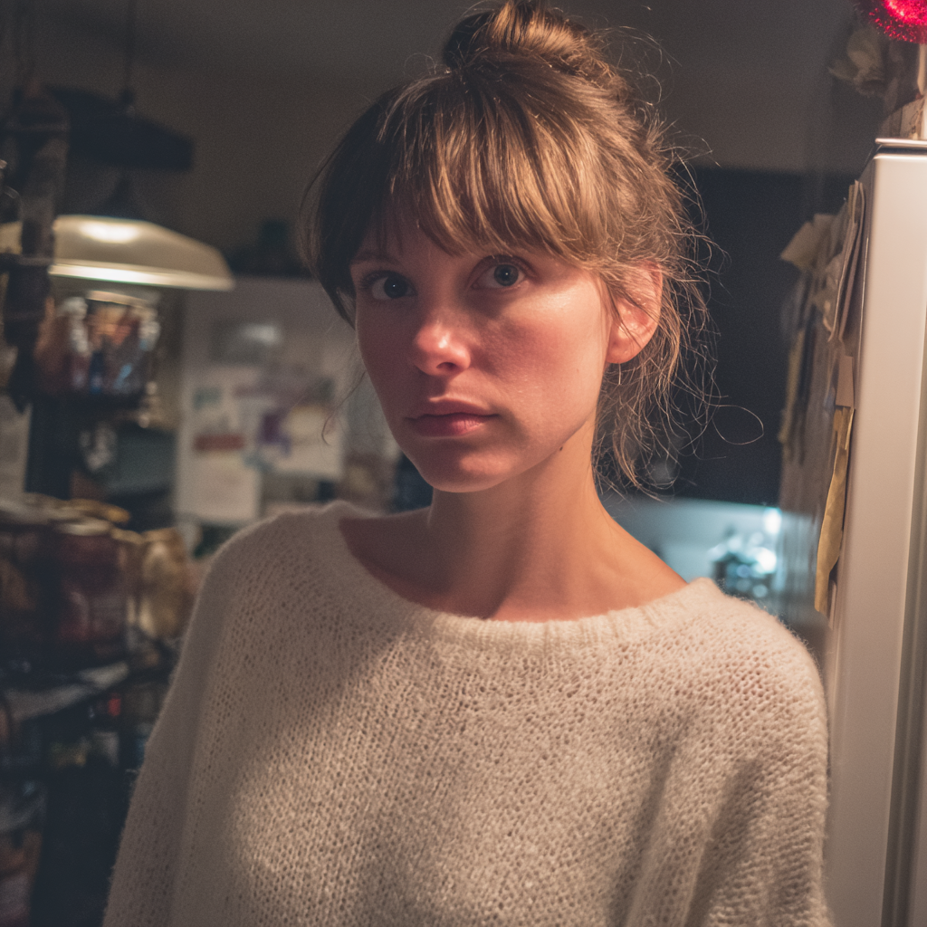 Zamyślona kobieta w białym swetrze | Źródło: Midjourney