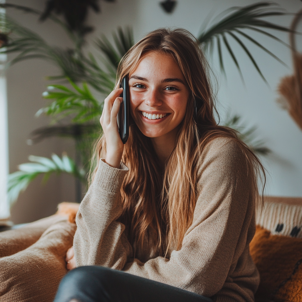 Eine lächelnde junge Frau am Telefon | Quelle: Midjourney