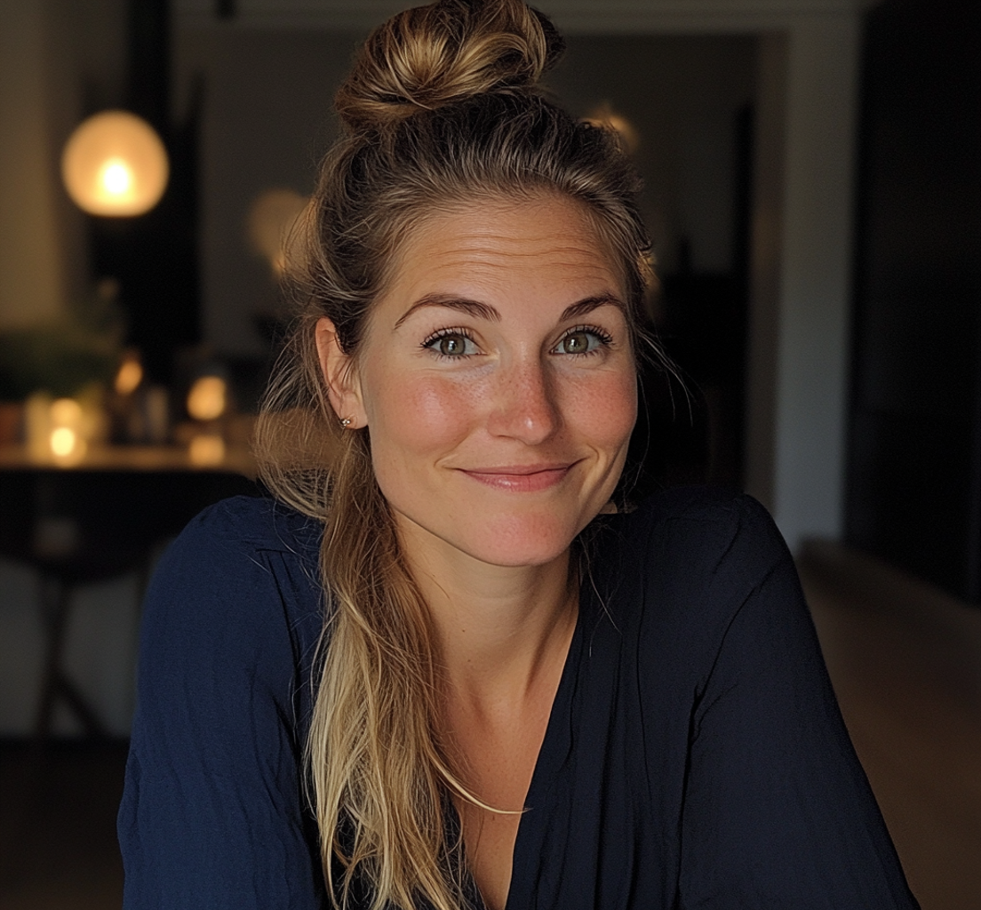 Eine glückliche Frau, die am Esstisch sitzt | Quelle: Midjourney