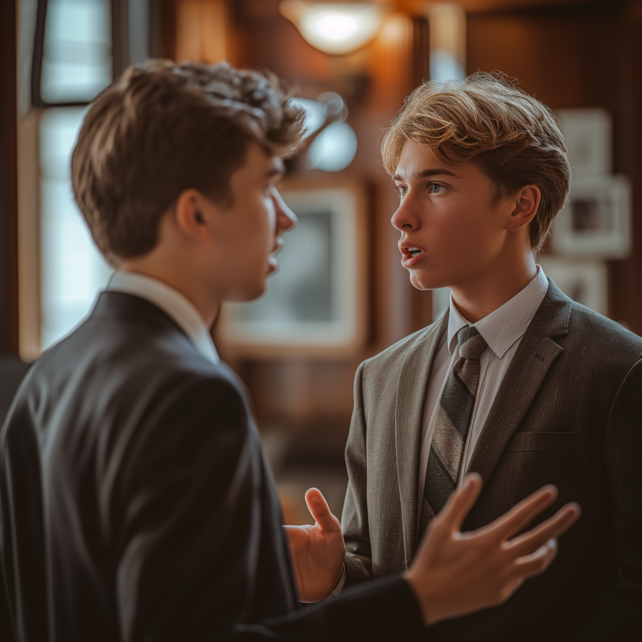 Ein junger Mann im Anzug im Gespräch mit seinem Bruder | Quelle: Midjourney