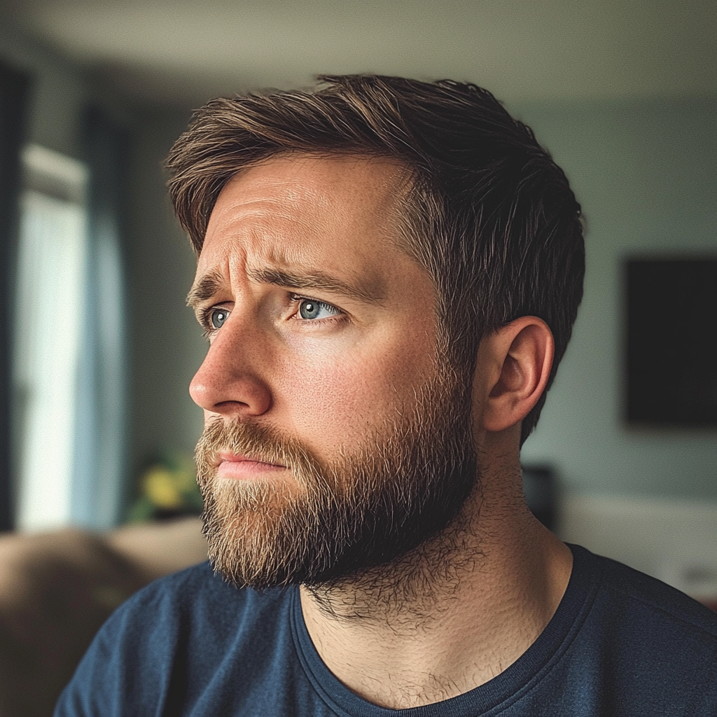 Ein aufgebrachter Mann steht in einem Wohnzimmer | Quelle: Midjourney