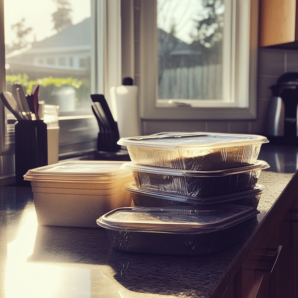 Takeout-Behälter auf einer Küchentheke | Quelle: Midjourney