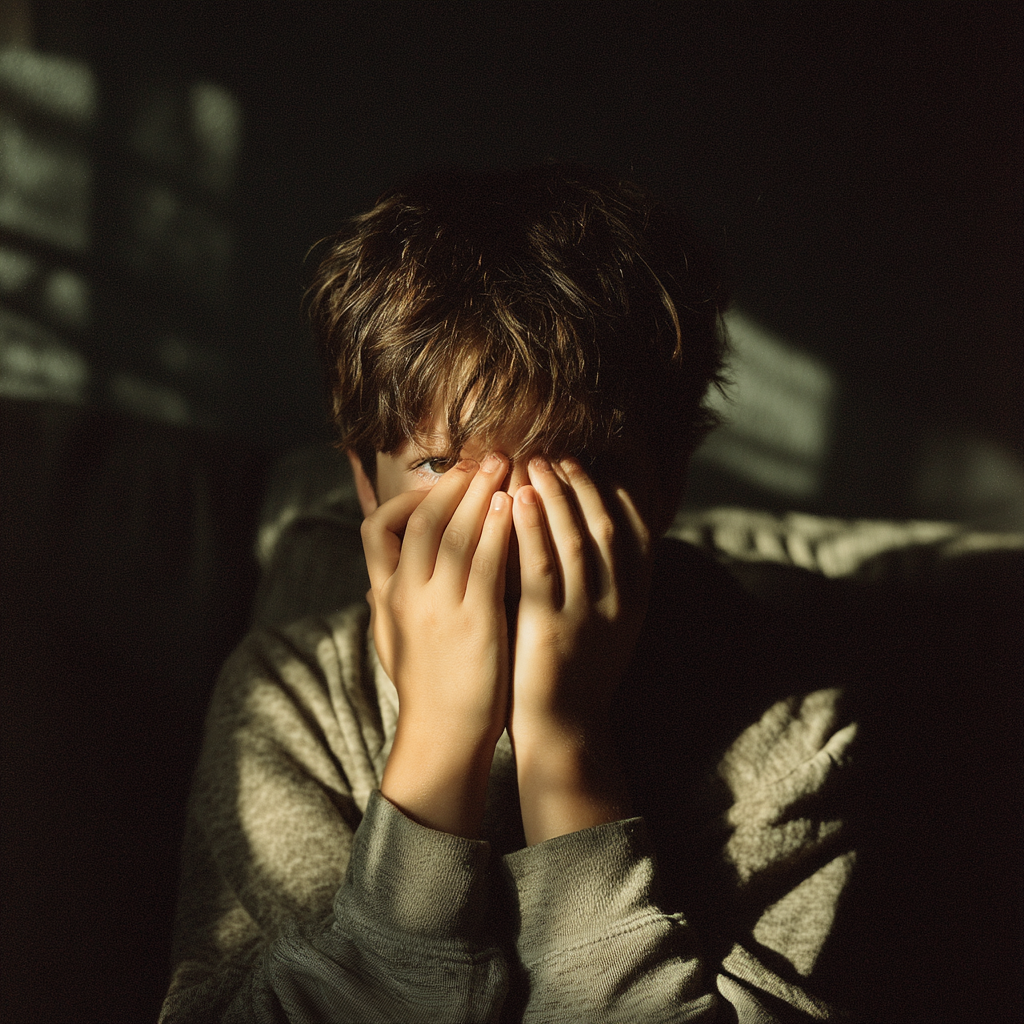 Ein emotionaler Junge, der sein Gesicht bedeckt | Quelle: Midjourney