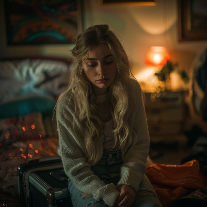 Eine traurige und einsame Frau sitzt in ihrem Zimmer | Quelle: Midjourney