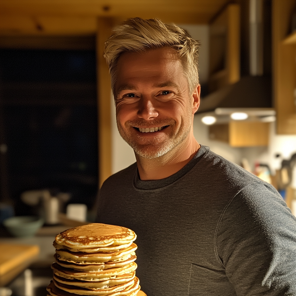Ein Mann mit einem Stapel Pfannkuchen | Quelle: Midjourney