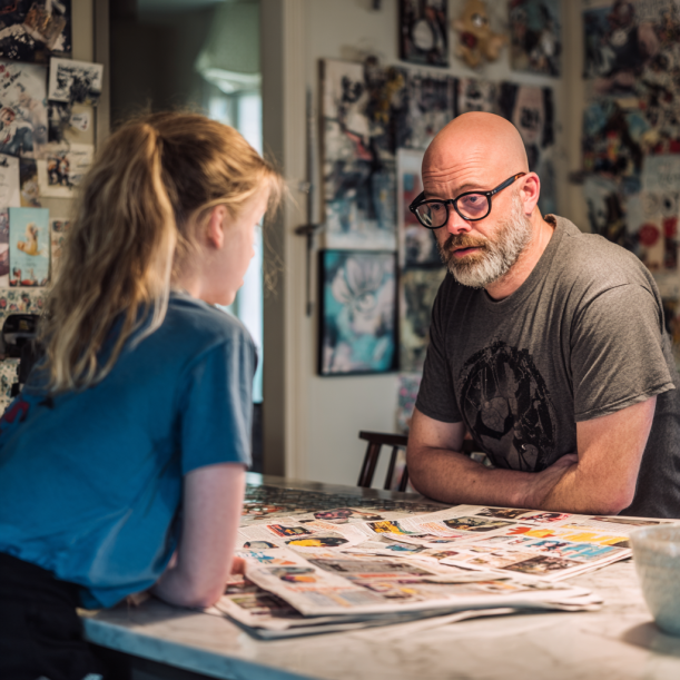 Ein Vater im Gespräch mit seiner Tochter in der Küche | Quelle: Midjourney