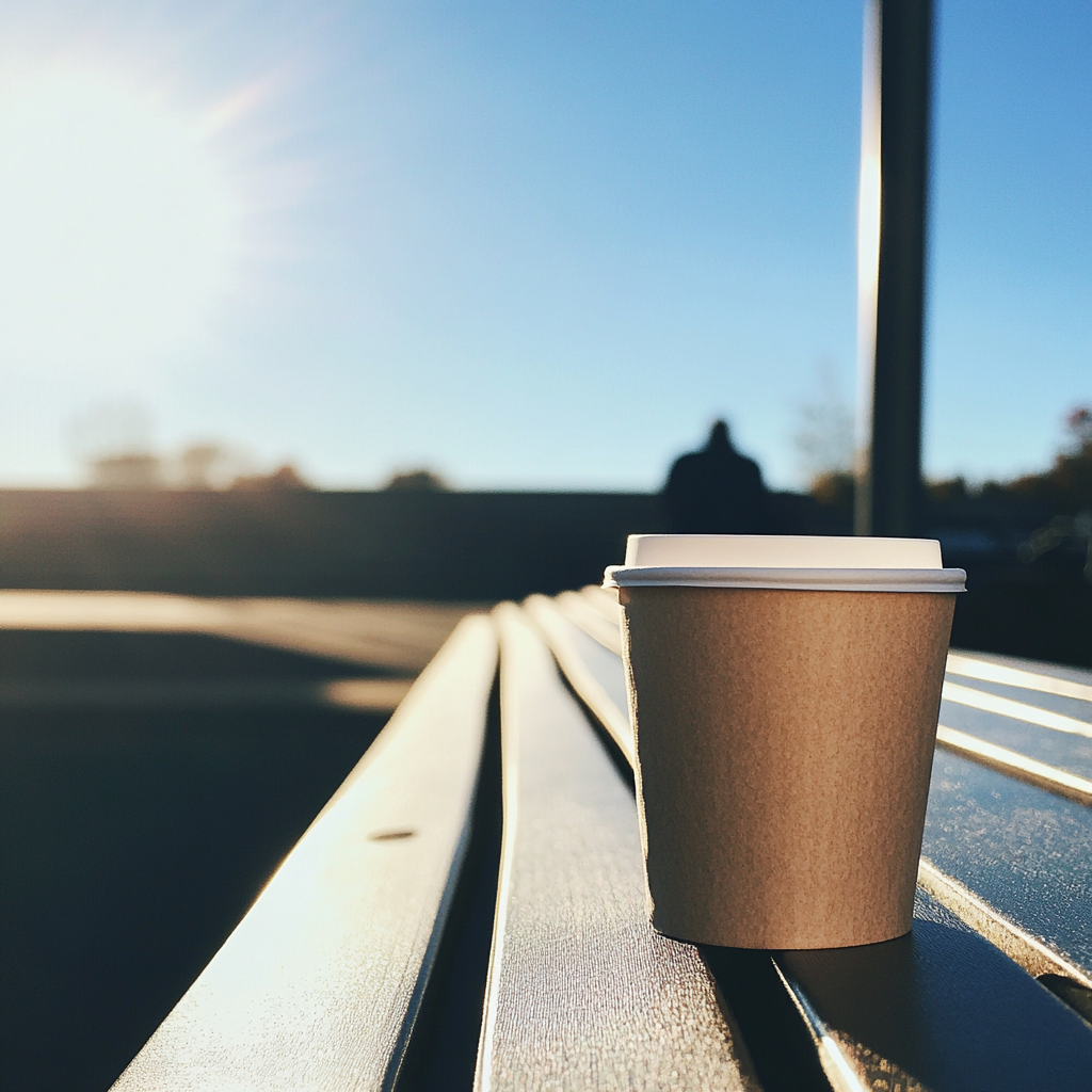 Eine Tasse Kaffee auf einer Bank | Quelle: Midjourney