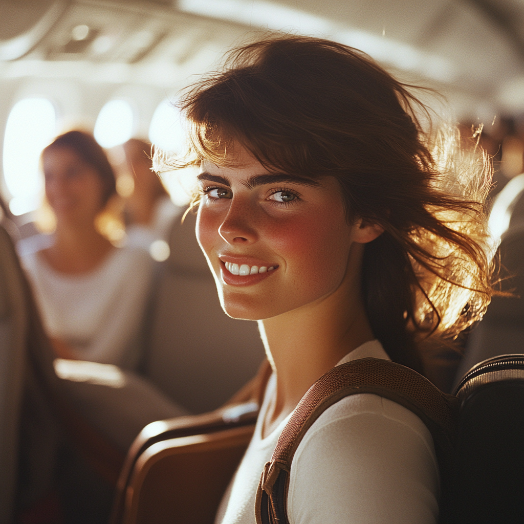 Eine glückliche Frau sammelt ihr Gepäck ein, bevor sie aus dem Flugzeug steigt | Quelle: Midjourney