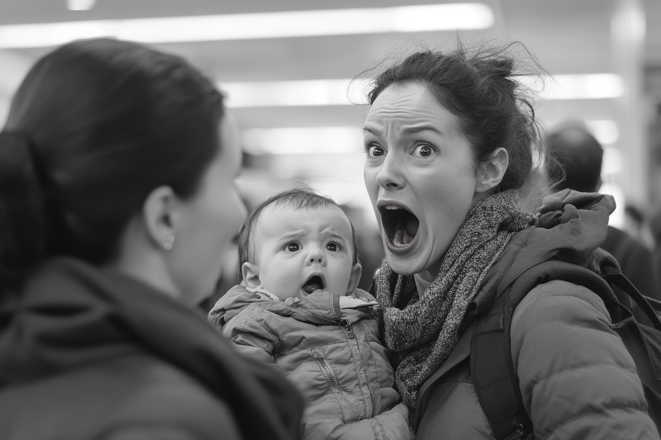 Enttäuschte Frau, die ihre Schwester auf einem Flughafen anschreit | Quelle: Midjourney