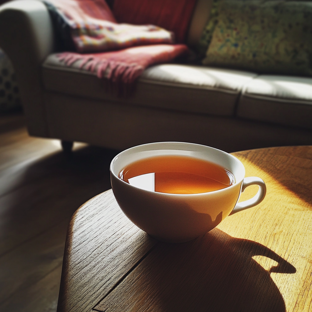 Eine Tasse Tee auf einem Kaffeetisch | Quelle: Midjourney