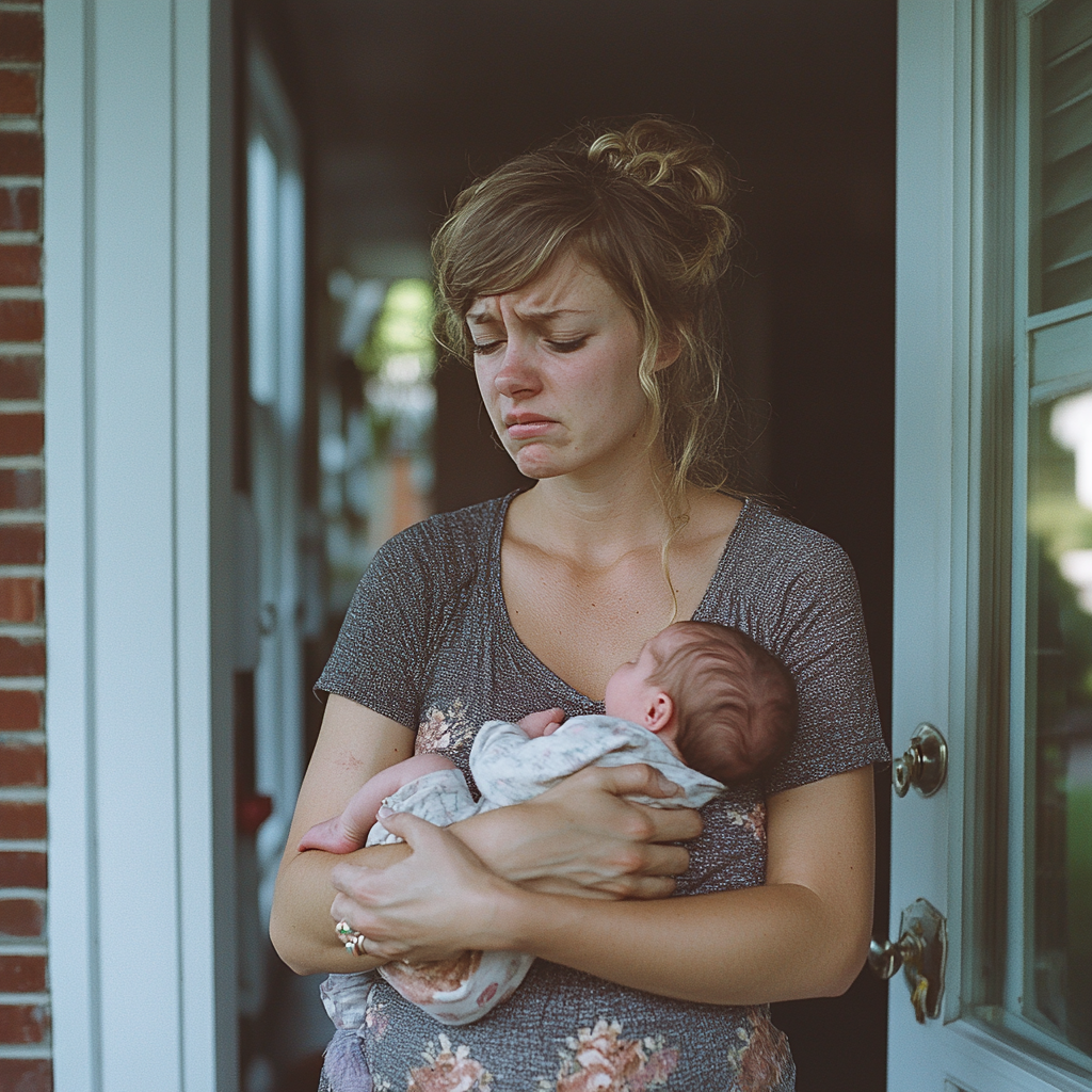 Eine aufgeregte Frau, die ein Baby trägt | Quelle: Midjourney