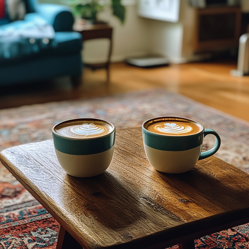 Zwei Tassen Kaffee auf einem Couchtisch | Quelle: Midjourney