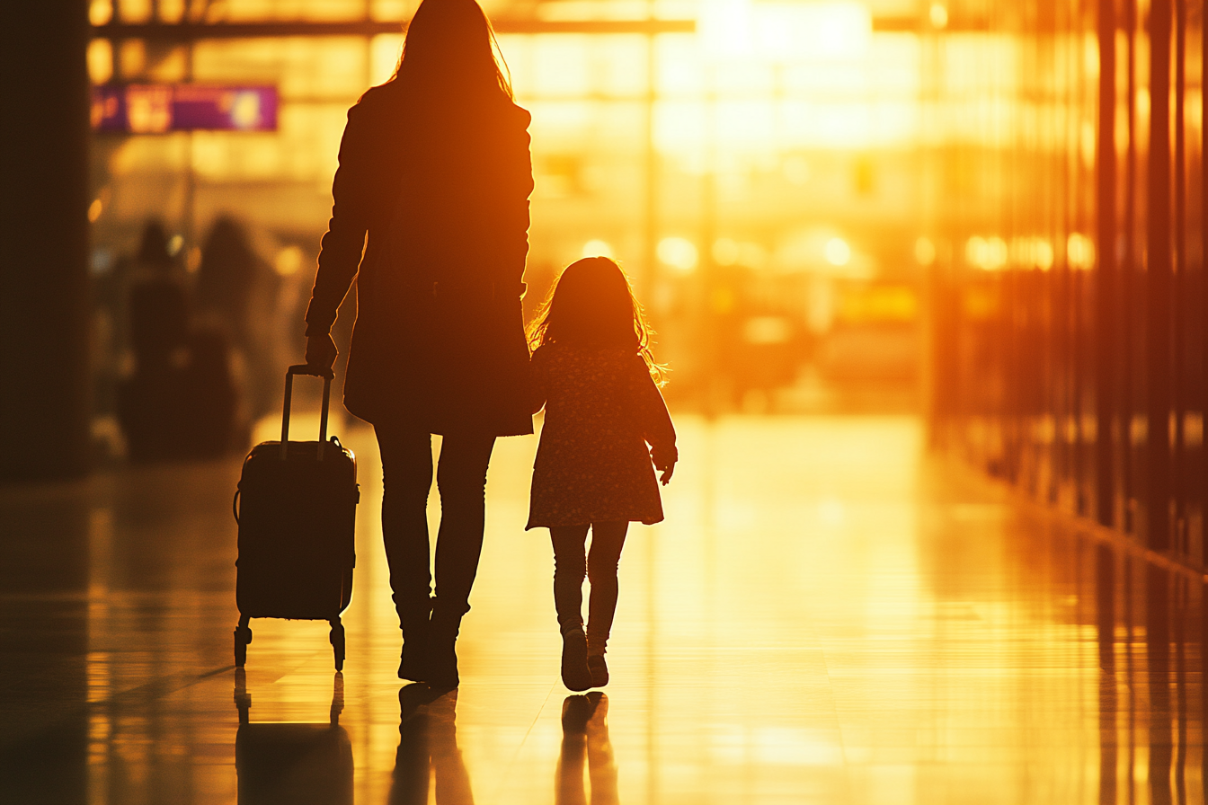 Eine Frau mit einem kleinen Mädchen verlässt einen Flughafen | Quelle: Midjourney