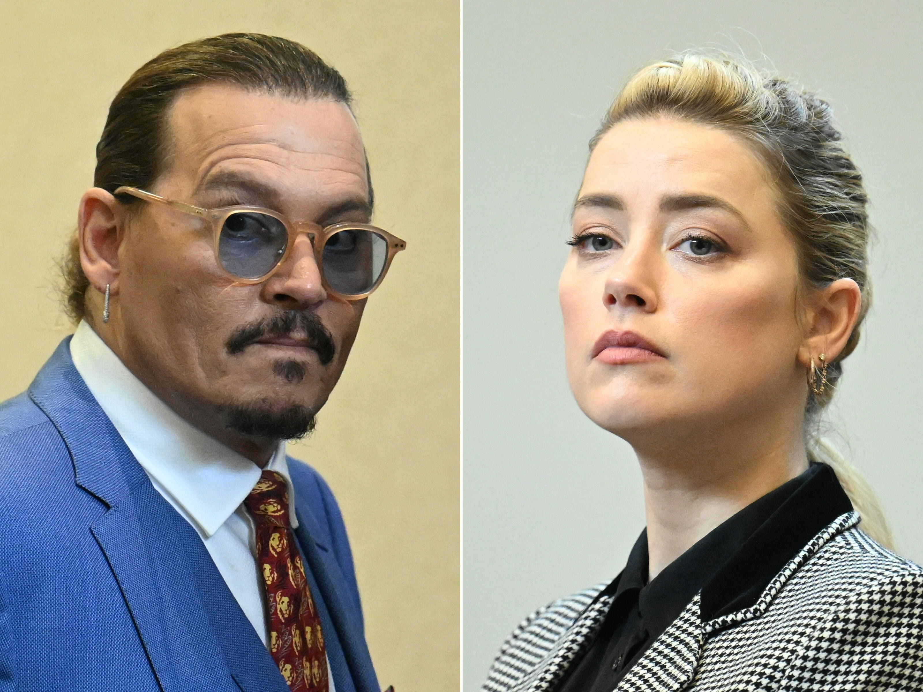 Eine Kombination von Fotos, die am 1. Juni 2022 erstellt wurde, zeigt Johnny Depp, der am 24. Mai 2022 der Verhandlung im Fairfax County Courthouse in Virginia beiwohnt, und Amber Heard, die am selben Tag im selben Gerichtssaal zusieht. | Quelle: Getty Images