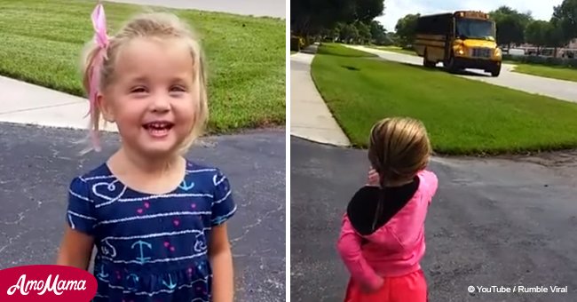 Eine Video-Montage zeigt den herzerwärmenden Grund, warum dieses kleine Mädchen jeden Tag auf den Schulbus wartet