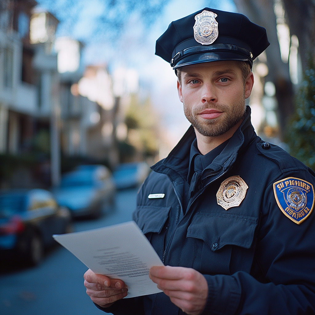 Ein Polizist hält ein Dokument in der Hand | Quelle: Midjourney